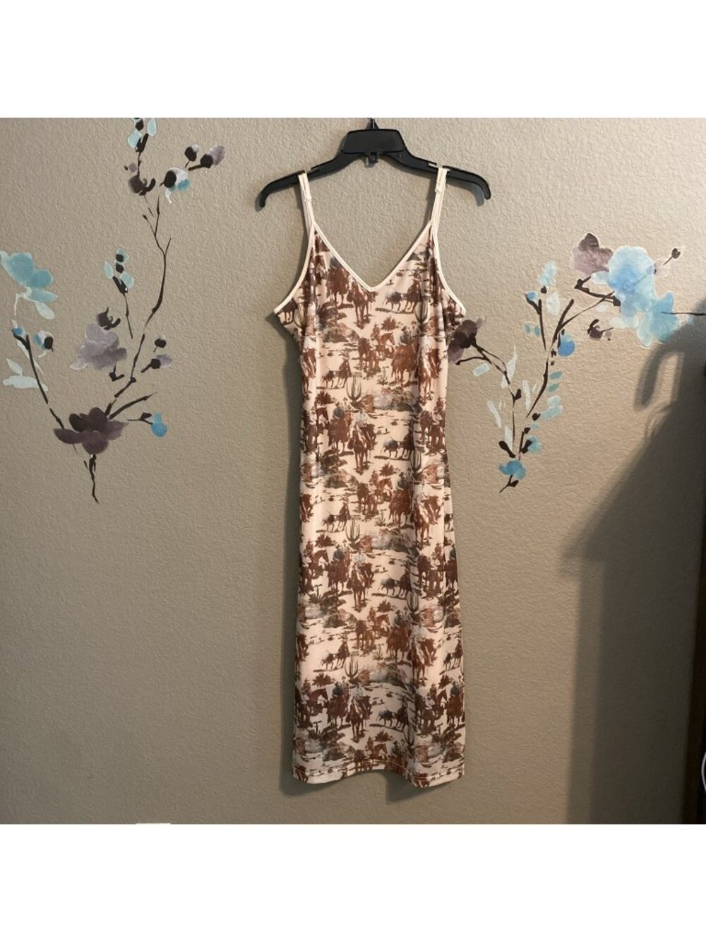 Cowgirl Slinky Slip dress Cattle drive Print L Southwest Horse Western